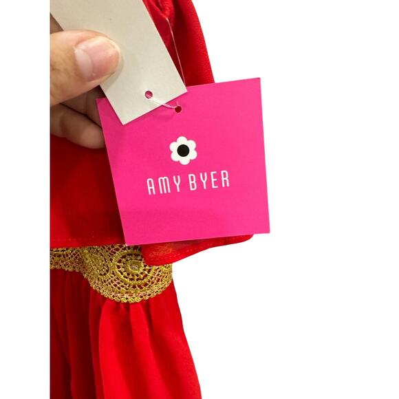 Amy Byer Girls Red Fit & Flare Dress Size 8 Sleeveless Gold Trim Necklace Accent - Picture 5 of 9